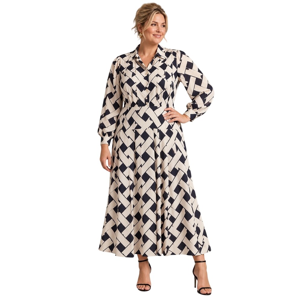 RIXO London Analise Plus Size 18 Geometric Print Midi Shirt Dress Navy Cream NWT